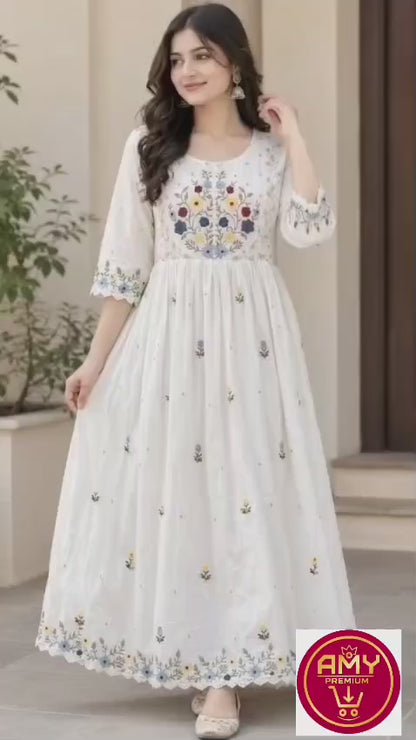 Elegant White Khadi Cotton Floral Embroidered Anarkali Kurti