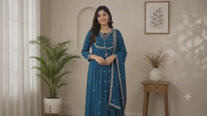 Women's Peacock Blue Embroidered Flared Anarkali Maxi Dress with Dupatta (2-Piece Set)