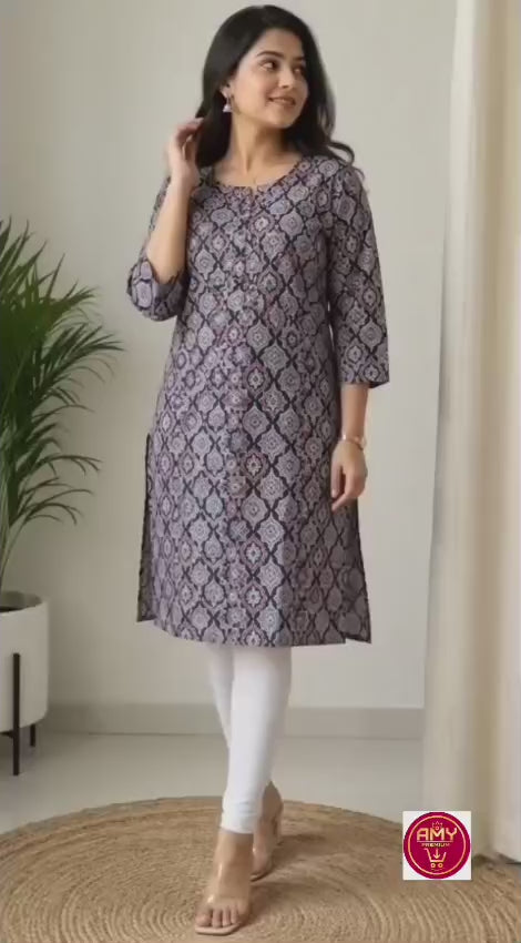 Women's Navy Blue & Red Ethnic Printed Pure Cotton Straight Kurta (Single piece)