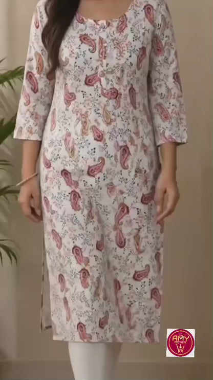 Women's White & Blue Cotton Floral Print Kurta | Calf Length, 3/4 Sleeve (Single Piece Kurta)
