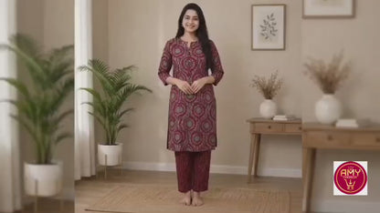 Women's Maroon Ethnic Circular Floral Printed Pure Cotton Kurta with Pant Set (2-Piece Set)