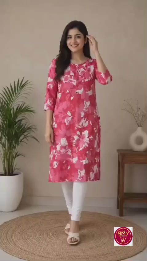 Women's Vibrant Pink Abstract Floral Printed Pure Cotton Straight Kurta (Kurta Single piece)