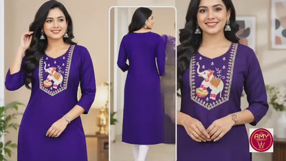 Women's Royal Purple Cotton Straight Kurta with Elephant Embroidery & Border Design (Single piece Kurta)