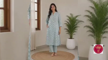 Women's Sea Green Printed Pure Cotton Kurta with Pant Set (2-Piece Set)