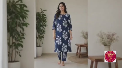 Women's Navy Blue Floral Block Printed Pure Cotton Kurta with Pant Set (2-Piece Set)