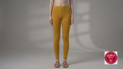 Women’s Mustard Yellow Cotton Lycra Ankle-Length Leggings | Premium 4-Way Stretch Elastic Waistband Leggings for Daily & Festive Wear