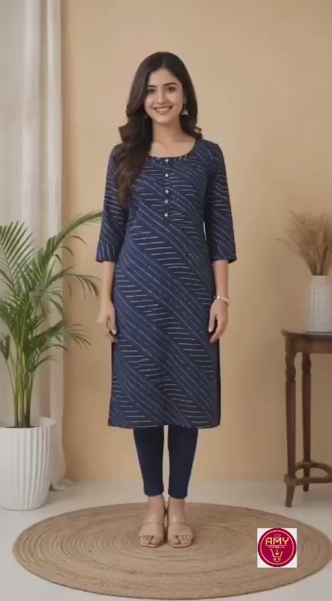 Women's Navy Blue Diagonal Striped Pure Cotton Straight Kurta ( Single piece Kurta)
