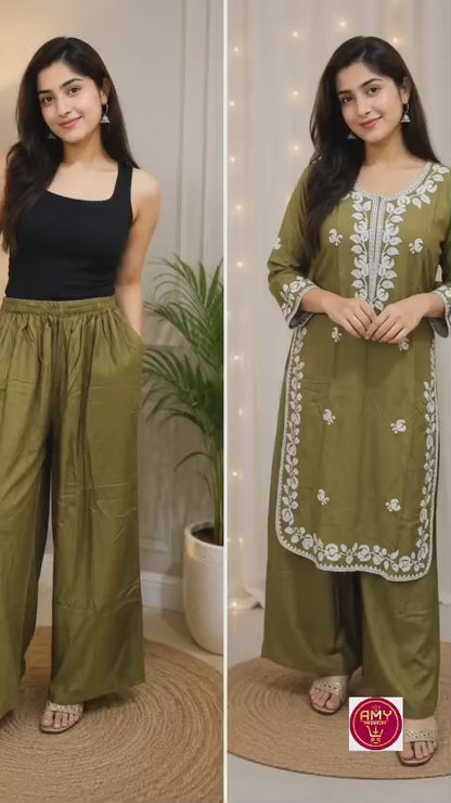Women's Olive Green Floral Embroidered Pure Cotton Kurta with Wide-Leg Palazzo Set (2-Piece Set)