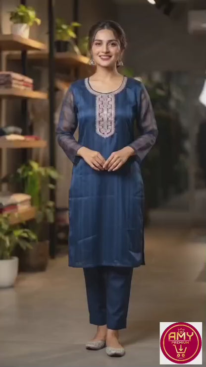 Women's Dark Navy Blue Polycotton Straight Kurta with Embroidered Yoke & Sheer Sleeves (Single Kurta)